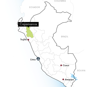 A map of Peru highlighting Cajamarca, with the country outline, neighboring countries, and labeled cities including Lima, Trujillo, Cusco, and Arequipa.