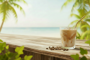 Steaming coffee cup on a wooden table with plants and a window in the background