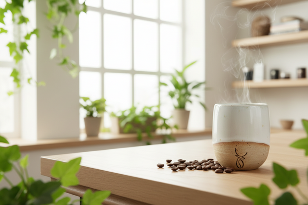Steaming coffee cup on a wooden table with plants and a window in the background