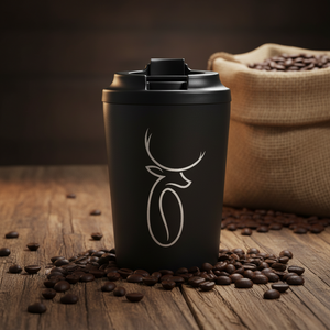 Black tumbler with a white deer logo on a white background