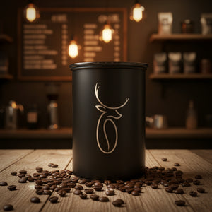 Black tumbler with a white deer logo on a wooden surface