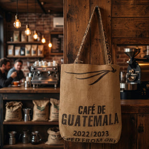 A natural burlap tote bag with black printed text reading 'CAFÉ DE GUATEMALA 2022|2023' hanging on a white paneled wall next to a wooden door frame.