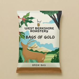 A single illustrated coffee brew bag package from West Berkshire Roastery, labeled 'Bags of Gold,' shown against a plain beige background. The package design features a deer, trees, mountains, and coffee beans, with the text 'Brew Bag' at the bottom.