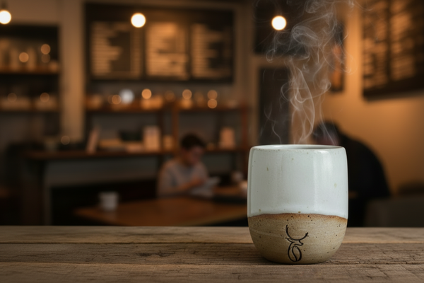 Ceramic cup with a logo on a wooden surface, blurred background