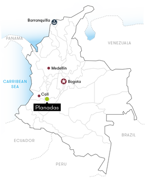 Map of Colombia with cities labeled including Medellín, Bogotó, Cali, and Planadas.