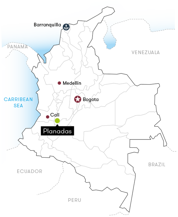 Map of Colombia with cities labeled including Medellín, Bogotó, Cali, and Planadas.